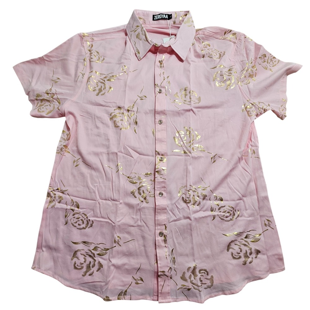 ZEROYAA NWT Short Sleeve Shirt XL Pink Gold Metallic Rose Floral Button Down